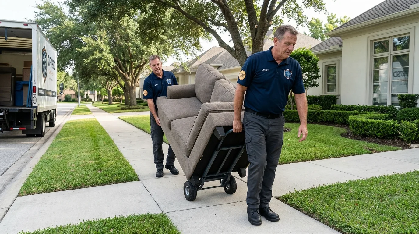 Local residential moving crew loading furniture in Groves, TX